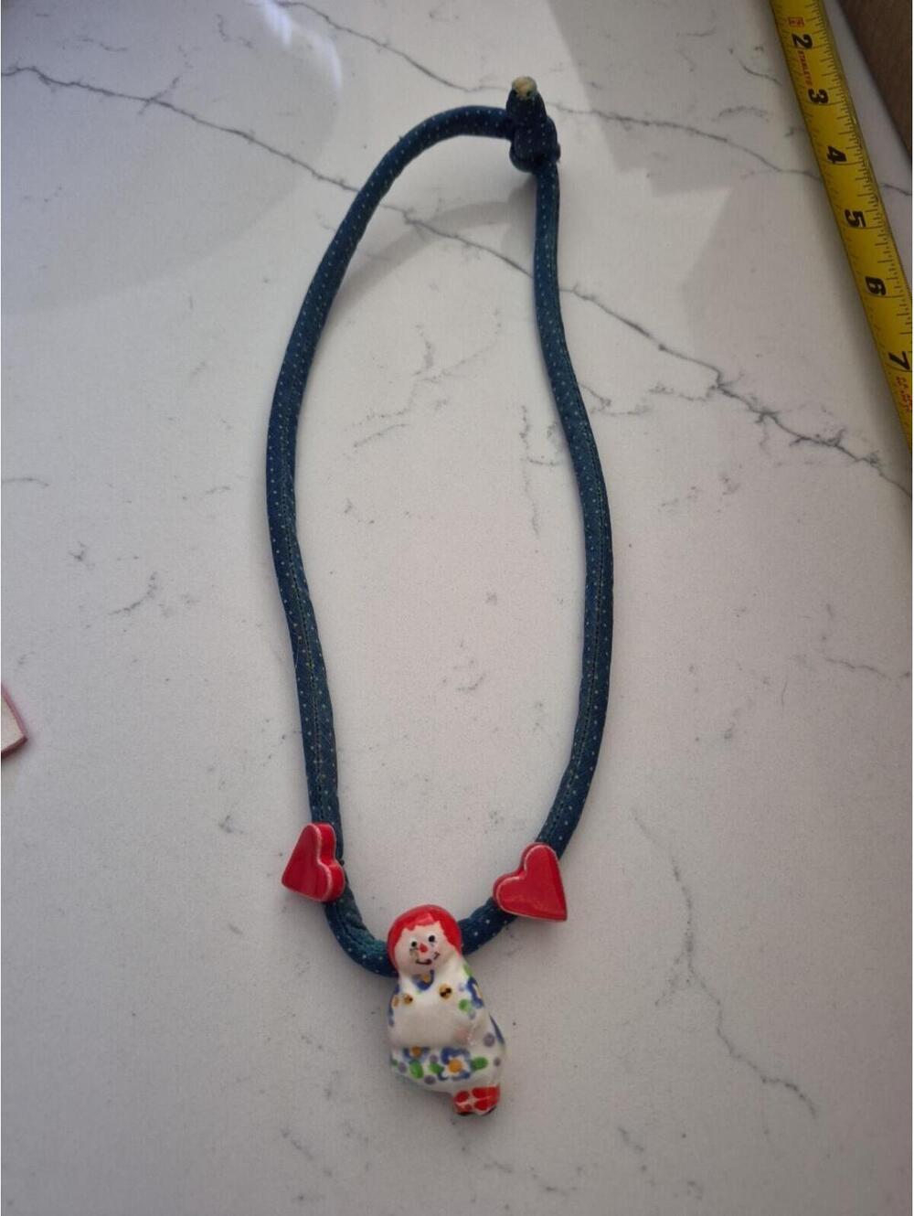 Stunning vtg. Flying Colors Hand Painted Ceramic Raggedy Ann Pendant necklace